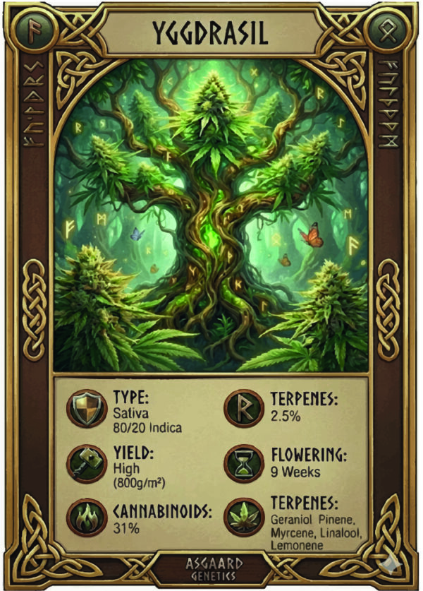 Kunstnerisk illustration af verdenstræet Yggdrasil inspireret af Asgaard Genetics branding